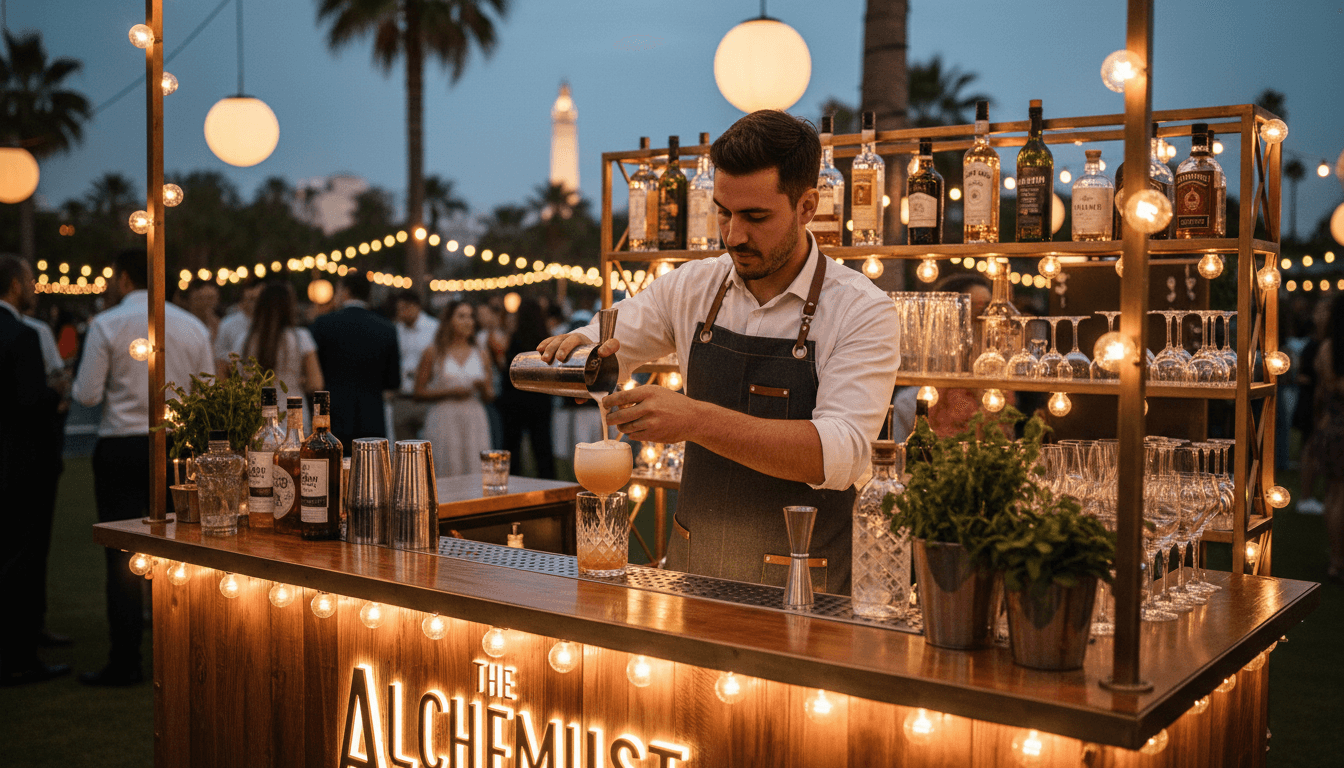 Bartender pouring a craft cocktail at a mobile bar