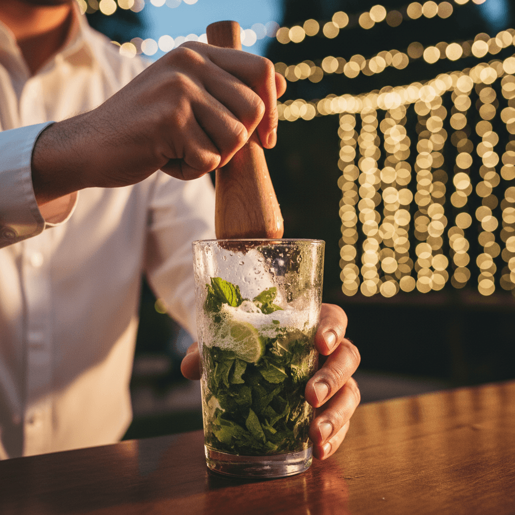 Bartender muddling fresh herbs for a signature cocktail