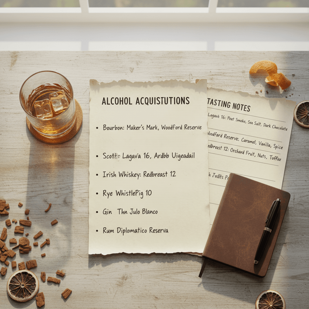 Alcohol shopping list and tasting notes on a kitchen counter