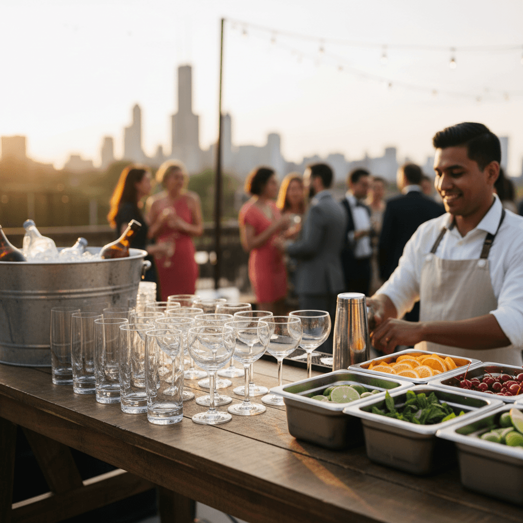 Mobile bar station with glassware and garnish trays at an outdoor wedding