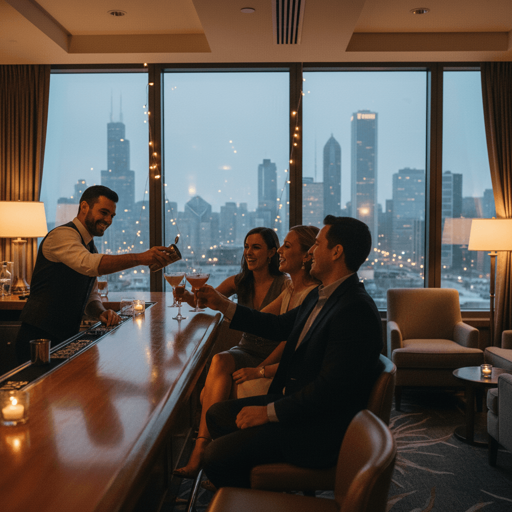 Bartender serving drinks to guests with Chicago skyline in the background