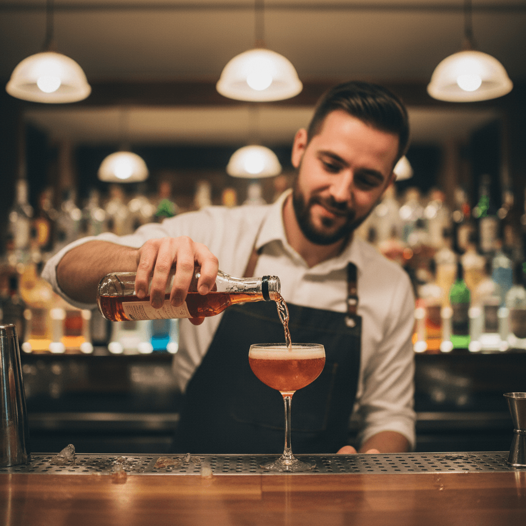 Bartender pouring a drink with unbranded bottles in the background