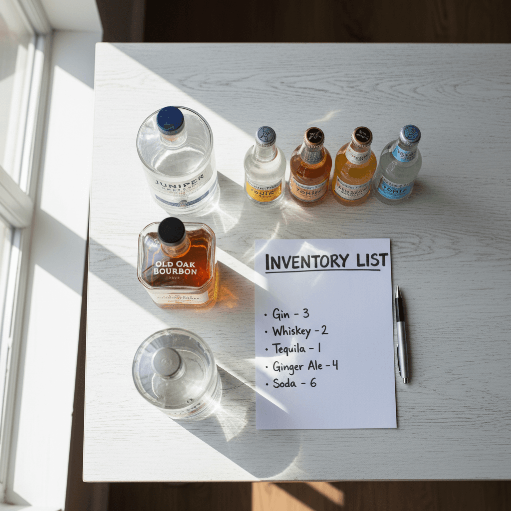 Unopened spirit bottles and mixers with an inventory sheet