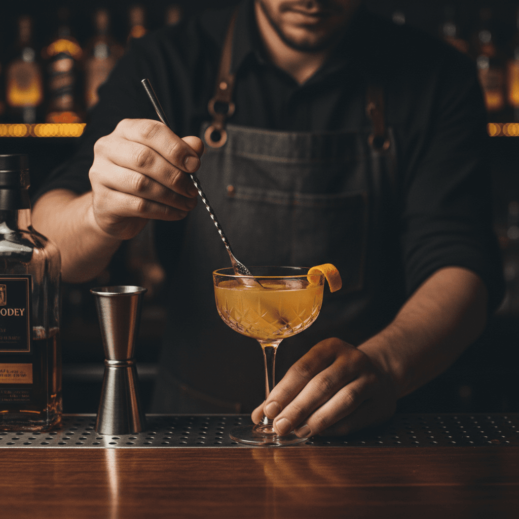 Bartender expertly preparing a signature cocktail with vibrant color and professional technique