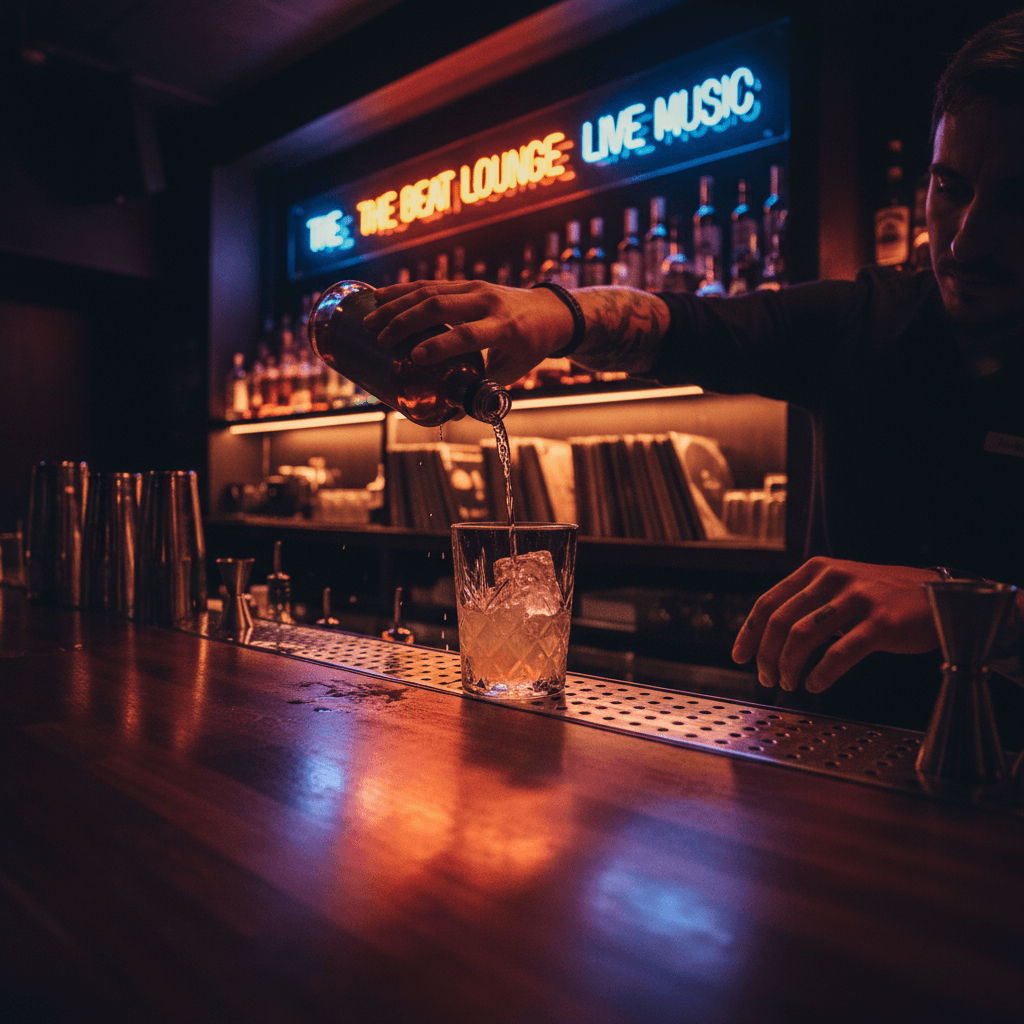 Bartender expertly pouring a handcrafted cocktail with precision and artistry