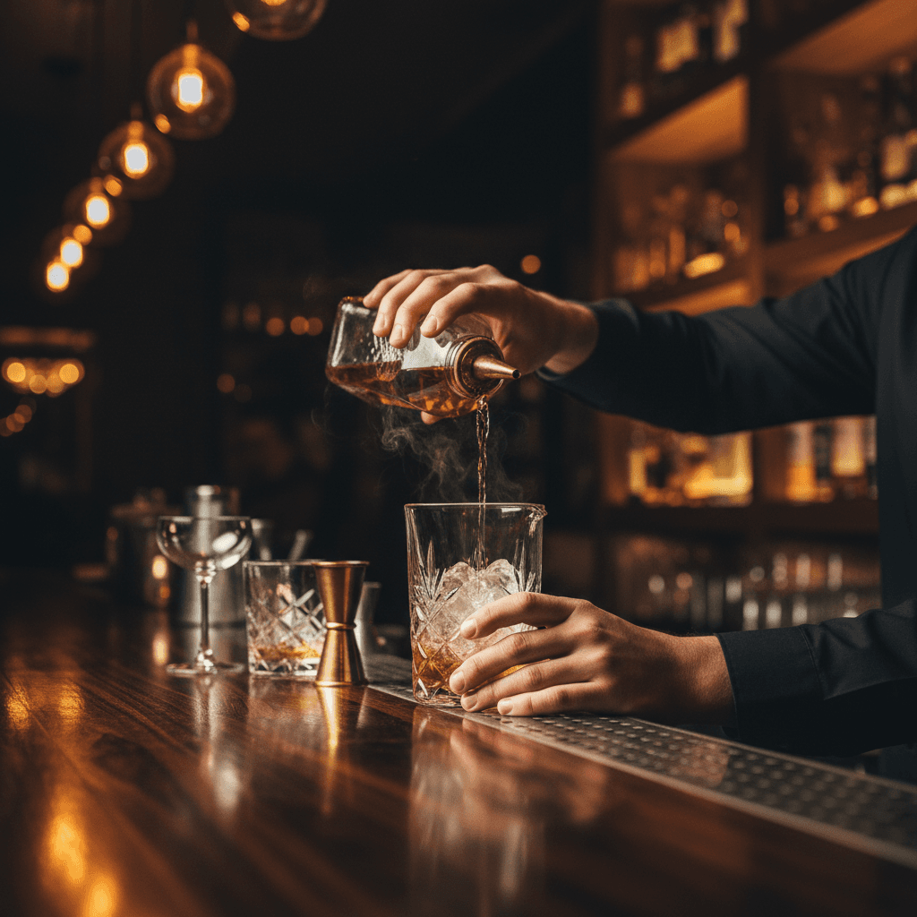 Professional mobile bar setup with organized tools and premium spirits ready for event service